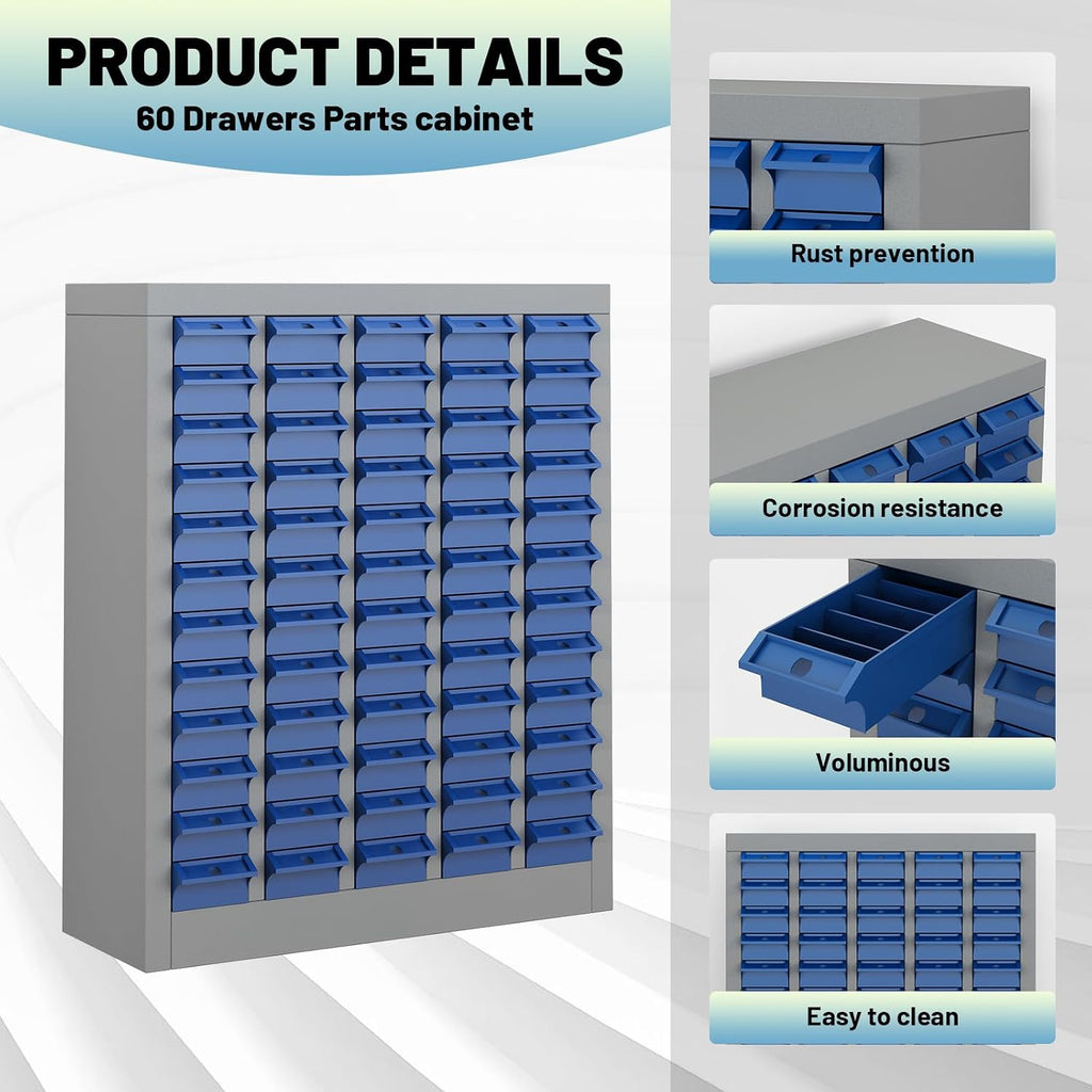 60 Drawer Tool Storage Cabinet with ABS Drawers, Bolt and Nut Organizer Parts Box, Hardware Shelving Unit for Garage and Workshop