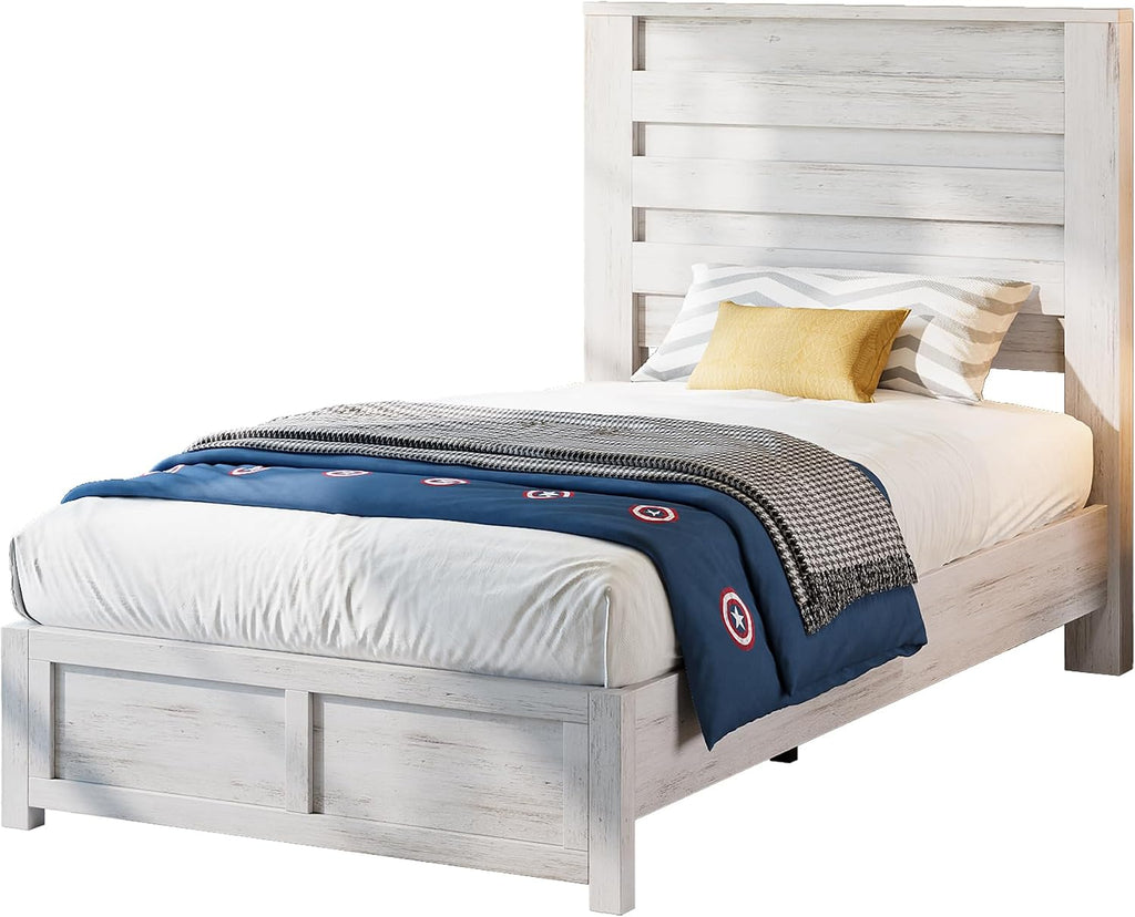 Albott Farmhouse Twin Platform Bed with 49' Fluted Headboard, Wood Bed Frame with Natural Grain Finish, No Box Spring Needed, Noise-Free, Distressed White