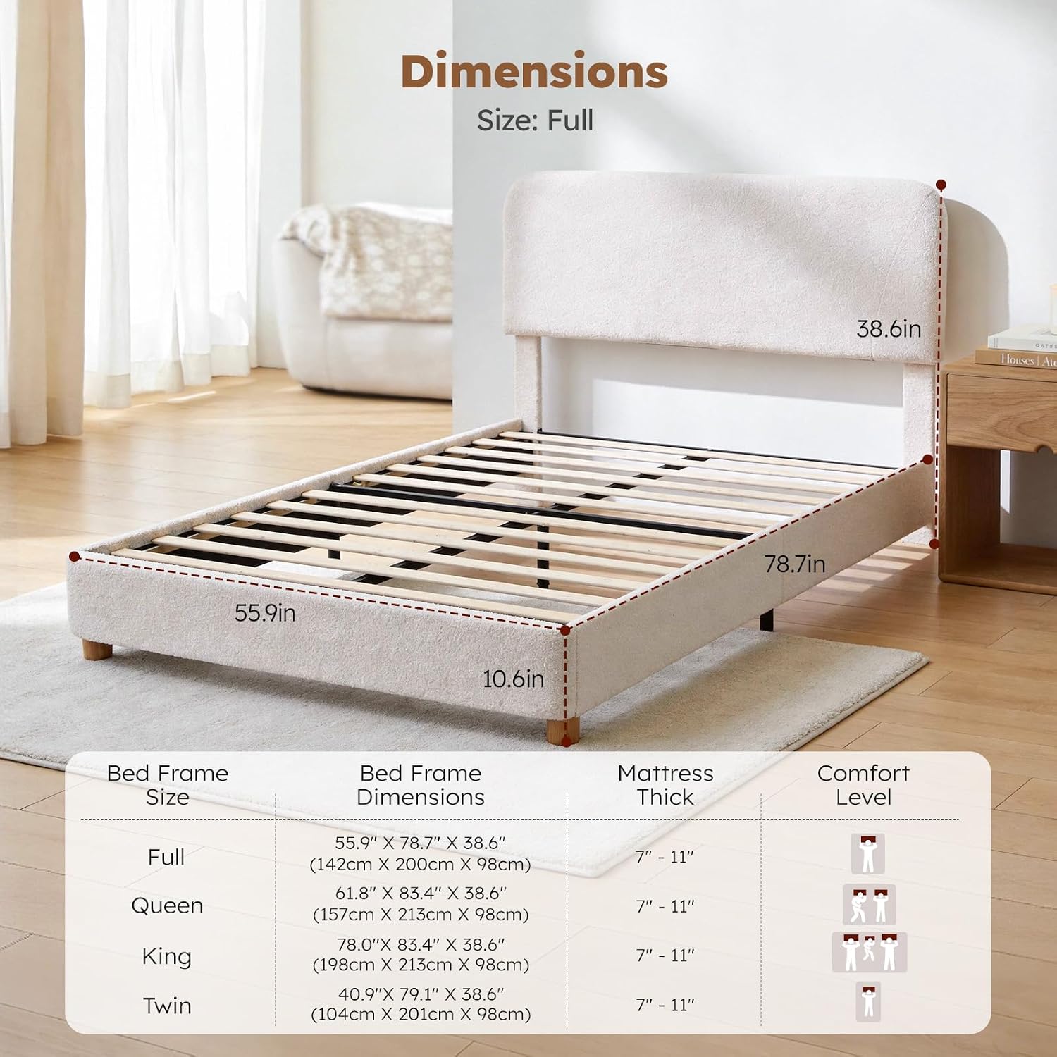 Full Size Cloud Bed Frame, Upholstered Boucle Bed Frame with Adjustable Headboard, Solid Wood Legs, Rounded Corners Design & Easy Assembly – Modern Platform Bed,Cream
