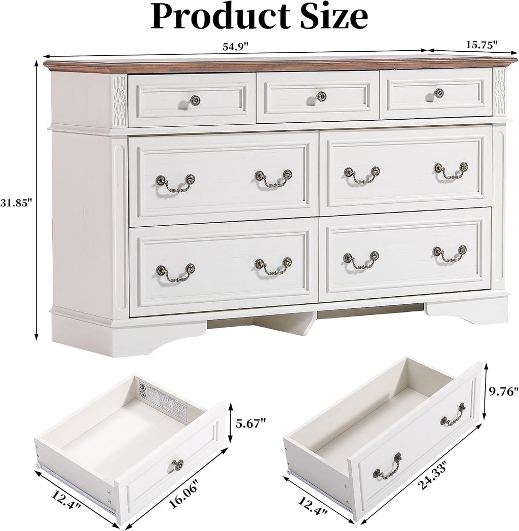 ENOUSHUFarmhouse Dresser and Nightstand Sets, 6-Drawer with 7 Drawer Dresser Sets, 2 Pieces Rustic Wood Bedroom Furniture Set for Home, Bedroom, Hallway(White)
