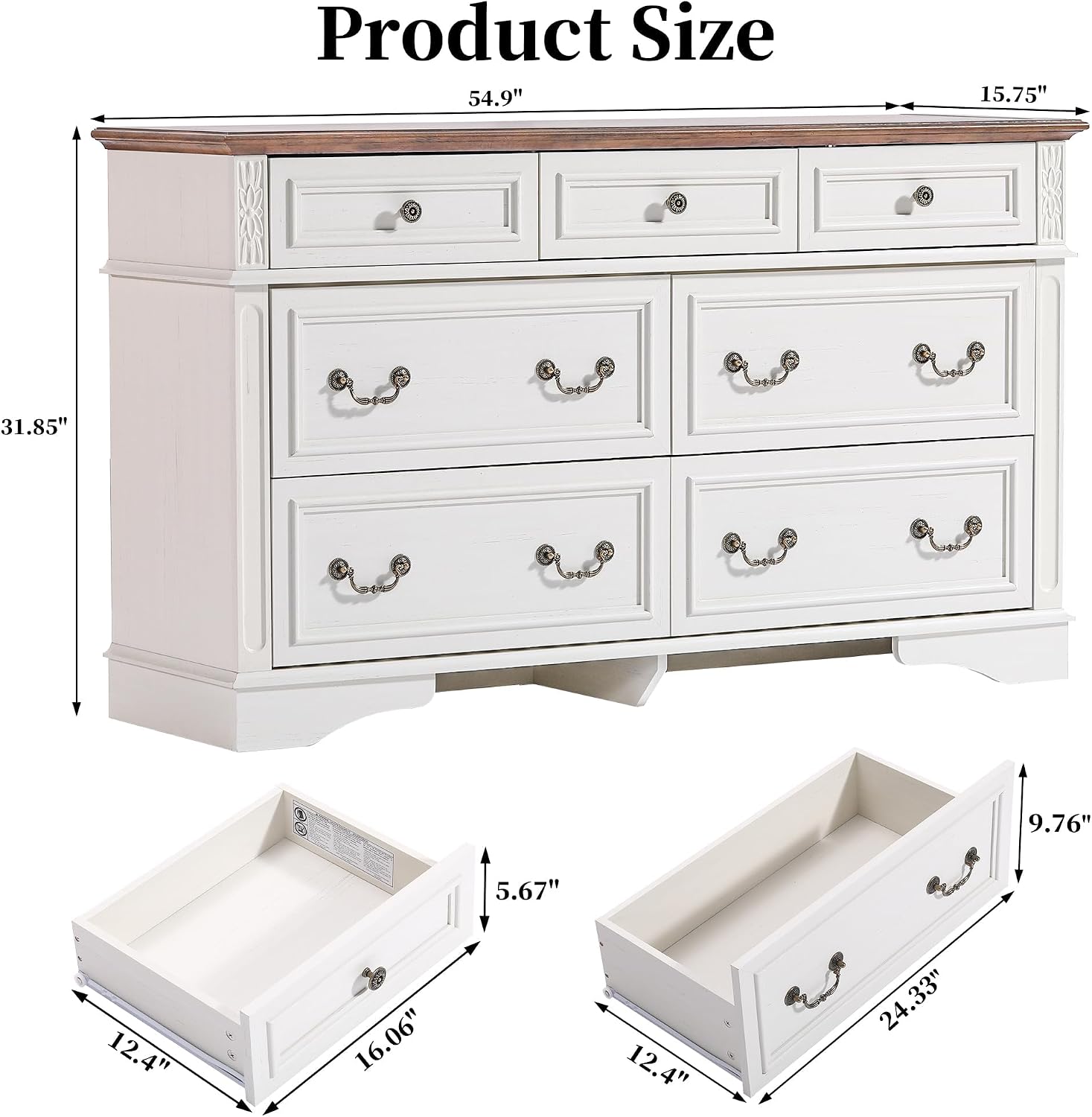 ENOUSHUFarmhouse Dresser and Nightstand Sets, 6-Drawer with 7 Drawer Dresser Sets, 2 Pieces Rustic Wood Bedroom Furniture Set for Home, Bedroom, Hallway(White)