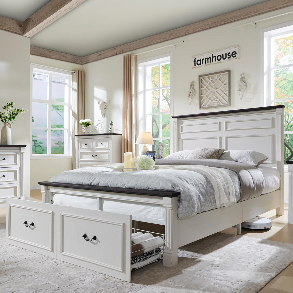 Aitjunz Farmhouse Queen Size Bed Frame with 51' Tall Headboard, Wood Platform Bed Frame with 20' Tall Roman Column Decoration Footboard & 2 Large Storage Drawers, No Box Spring Needed (White)