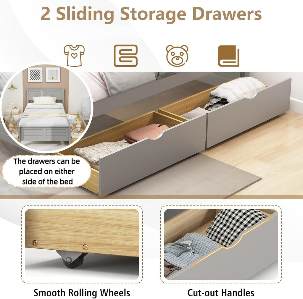 KOMFOTT Twin Size Wood Bed Frame with 2 Storage Drawers, Mid Century Platform Bed Frame with Headboard, Sturdy Wooden Slats Support, Modern Mattress Foundation, No Box Spring Required, Easy Assembly