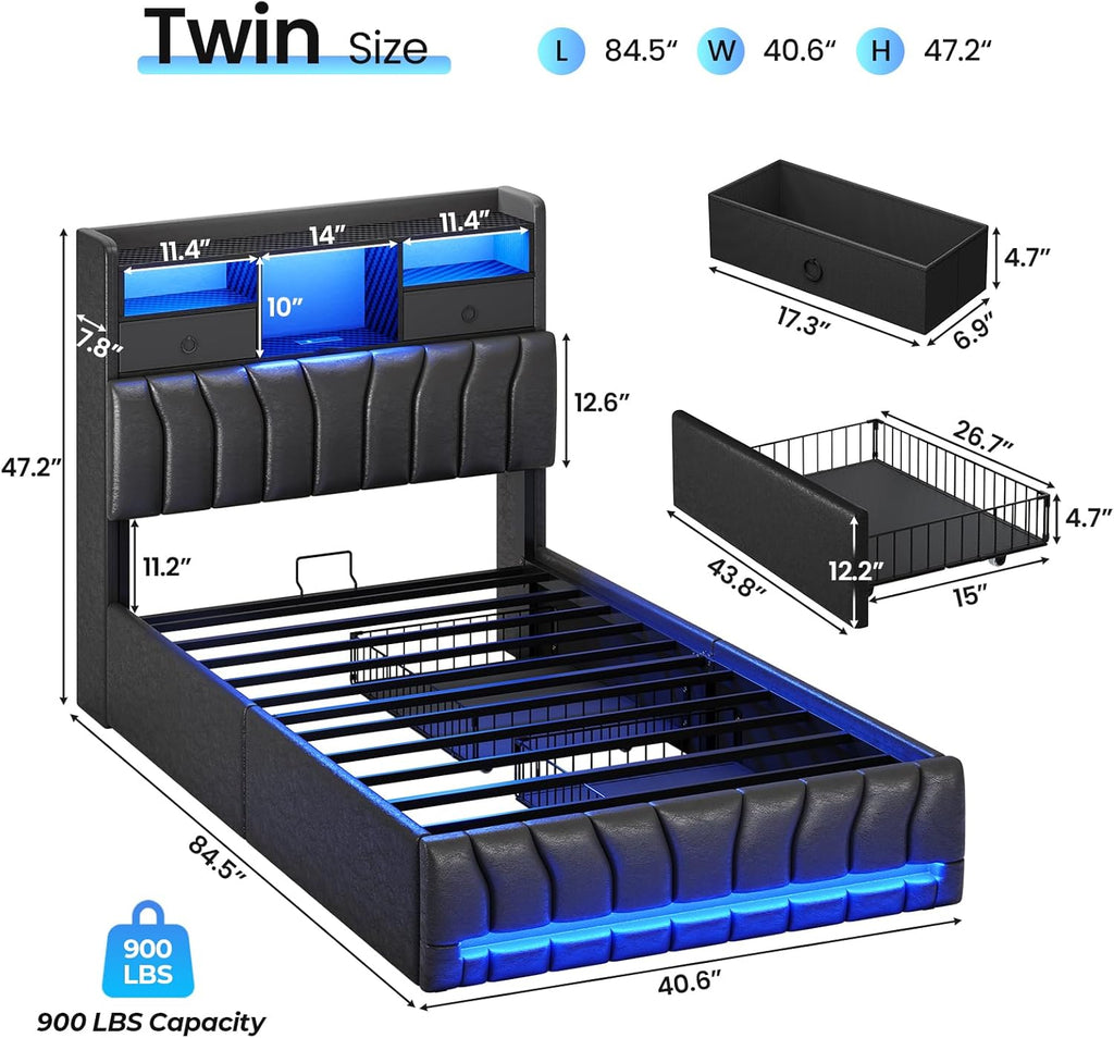 DICTAC Twin Bed Frames with Storage Headboard and 2 Large Drawers, Gaming Bed with RGB Lights and Charging Station, Leather Upholstered Platform Bed, Esports-Style Bed, No Box Spring Needed, Black