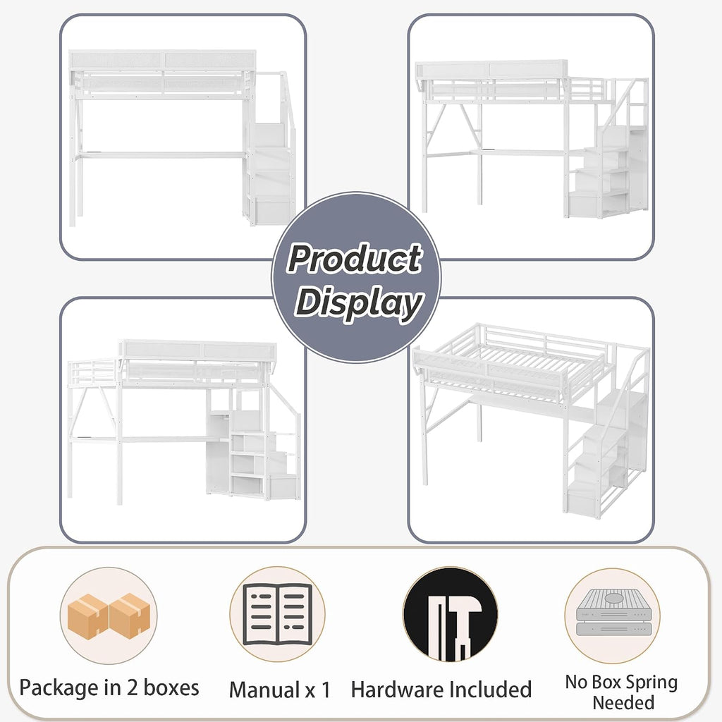 Metal Loft Bed with Desk and RGB LED Lights, Queen Size Loft Bed with Stairs and Charging Station,Adult Loft Beds with Storage Shelves for Upper and Wardrobe,Loft Beds Frame for Kids Teens, White