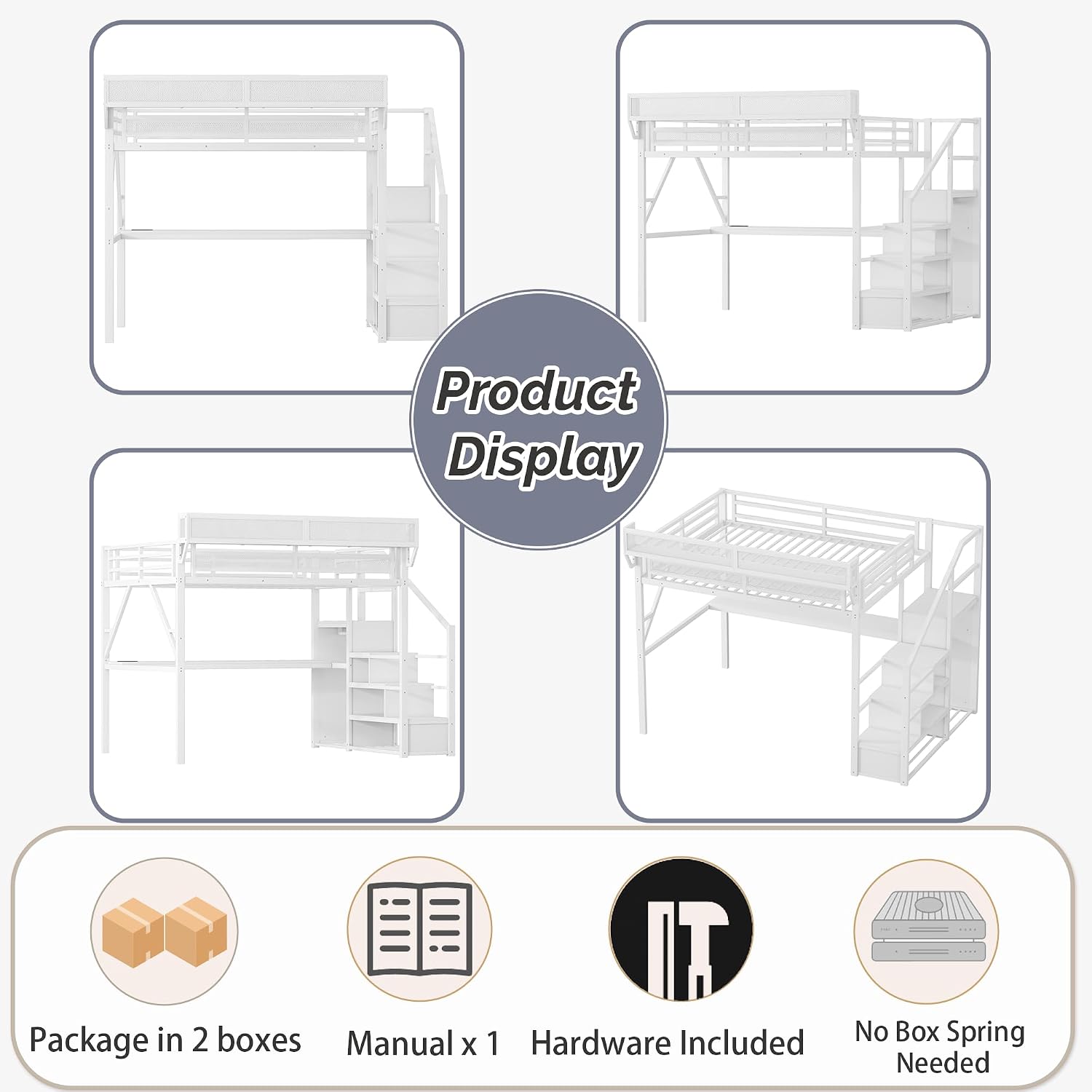 Metal Loft Bed with Desk and RGB LED Lights, Queen Size Loft Bed with Stairs and Charging Station,Adult Loft Beds with Storage Shelves for Upper and Wardrobe,Loft Beds Frame for Kids Teens, White