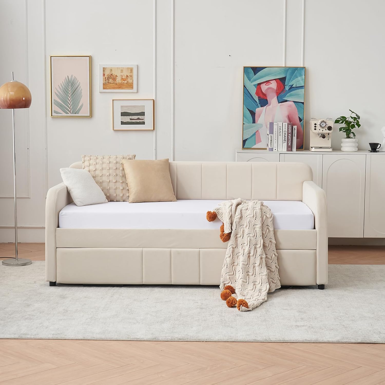 Deolme Twin to King Daybed with Trundle, USB Ports, Velvet Upholstered Daybed with Pop Up Trundle Bed, Modern Extendable Day Bed Frame for Kid Adult Bedroom Living Room Guest Room Small Places Beige