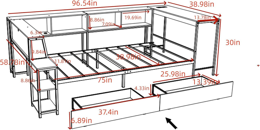 Bellemave Twin Corner Bed Frame with Desk and Storage, Twin Captains Beds with Charging Station,LED Light, Wood Daybeds with L-Shaped Bookcase and 2 Drawers, Black