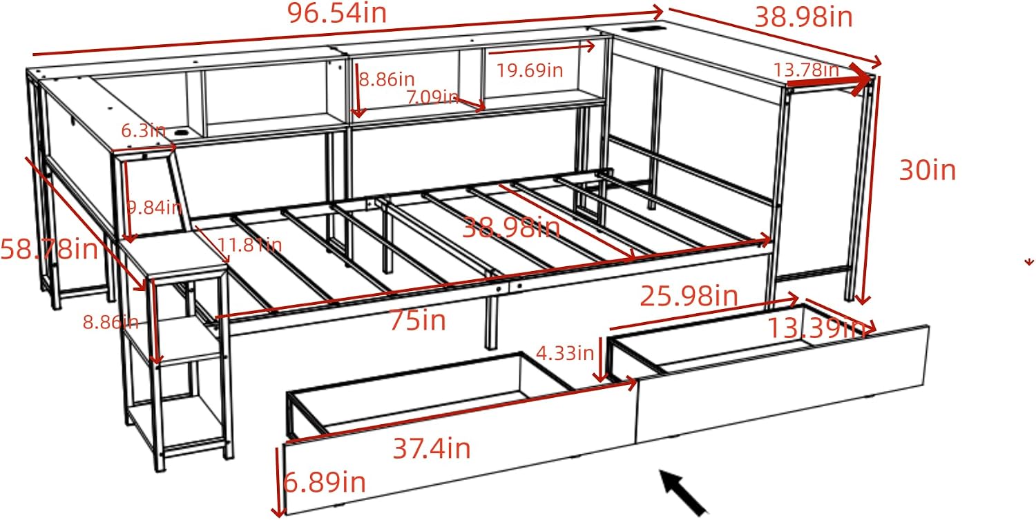 Bellemave Twin Corner Bed Frame with Desk and Storage, Twin Captains Beds with Charging Station,LED Light, Wood Daybeds with L-Shaped Bookcase and 2 Drawers, Black