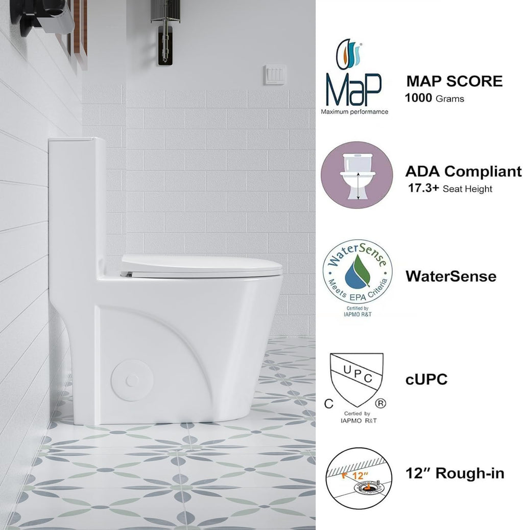 Elongated One Piece Toilet with Comfort Chair Seat ADA Height 17.3' Modern Toilet for Bathroom, Dual Flush 0.8/1.6 GPF and MAP 1000g, 12' Rough-In, Soft Closing Seat, Glossy White