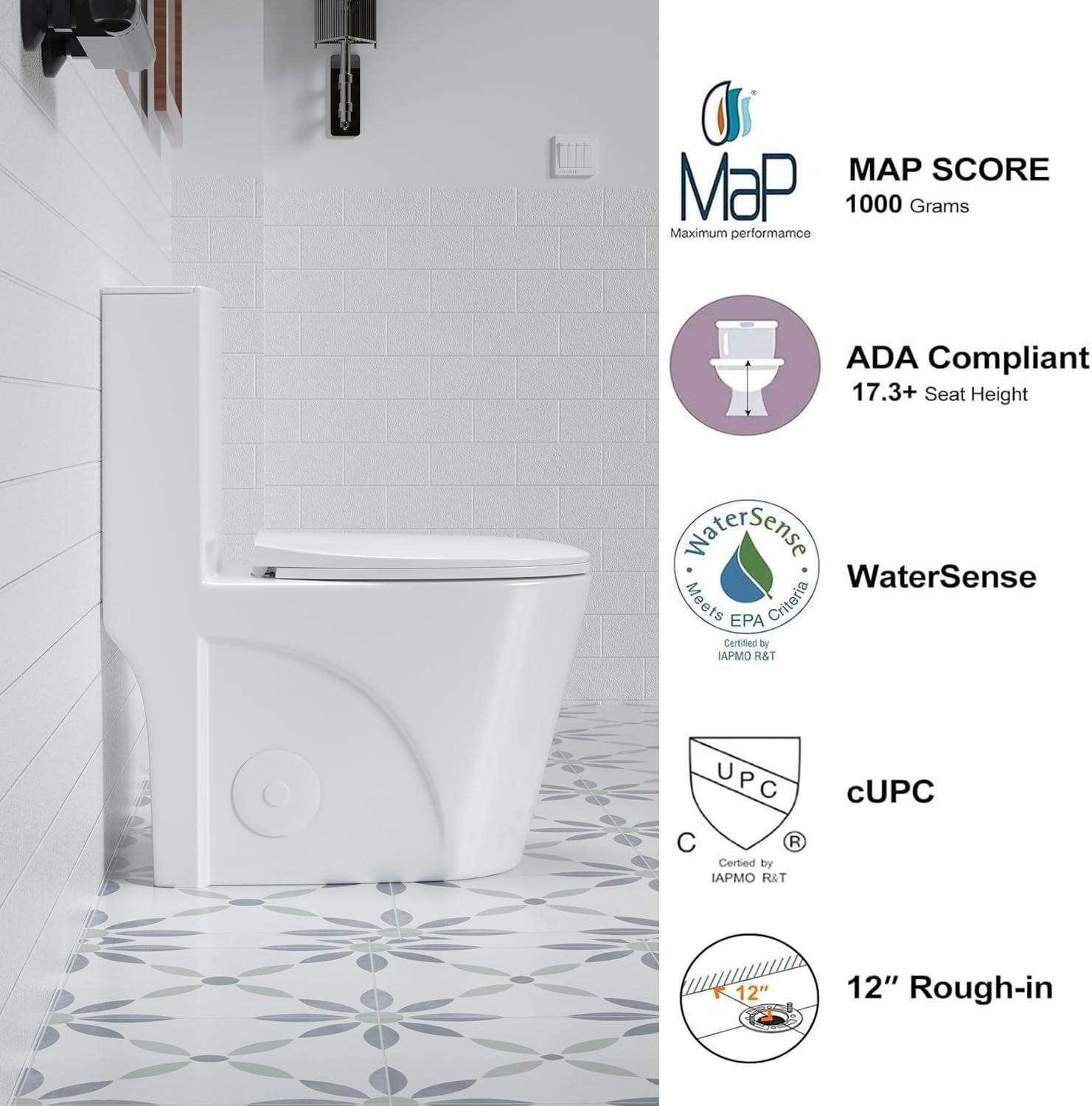 Elongated One Piece Toilet with Comfort Chair Seat ADA Height 17.3' Modern Toilet for Bathroom, Dual Flush 0.8/1.6 GPF and MAP 1000g, 12' Rough-In, Soft Closing Seat, Glossy White