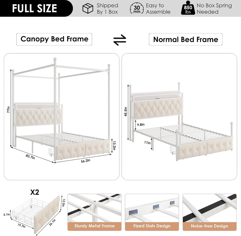 HIFIT Full Size Upholstered LED Canopy Bed Frame with Storage and Charging Station, Button Tufted Storage Headboard with Bookshelf, Two-Use Metal Platform Bed with 4 Removable Posts & 2 Drawers, Biege