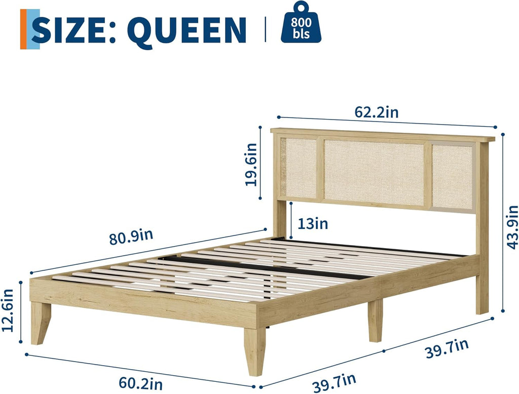 IDEALHOUSE Queen Bed Frame with Natural Rattan Headboard, Slats, Bohemian-Style Cane Mattress Support, Strong Metal Base with Resilient Wooden, No Box Spring Needed