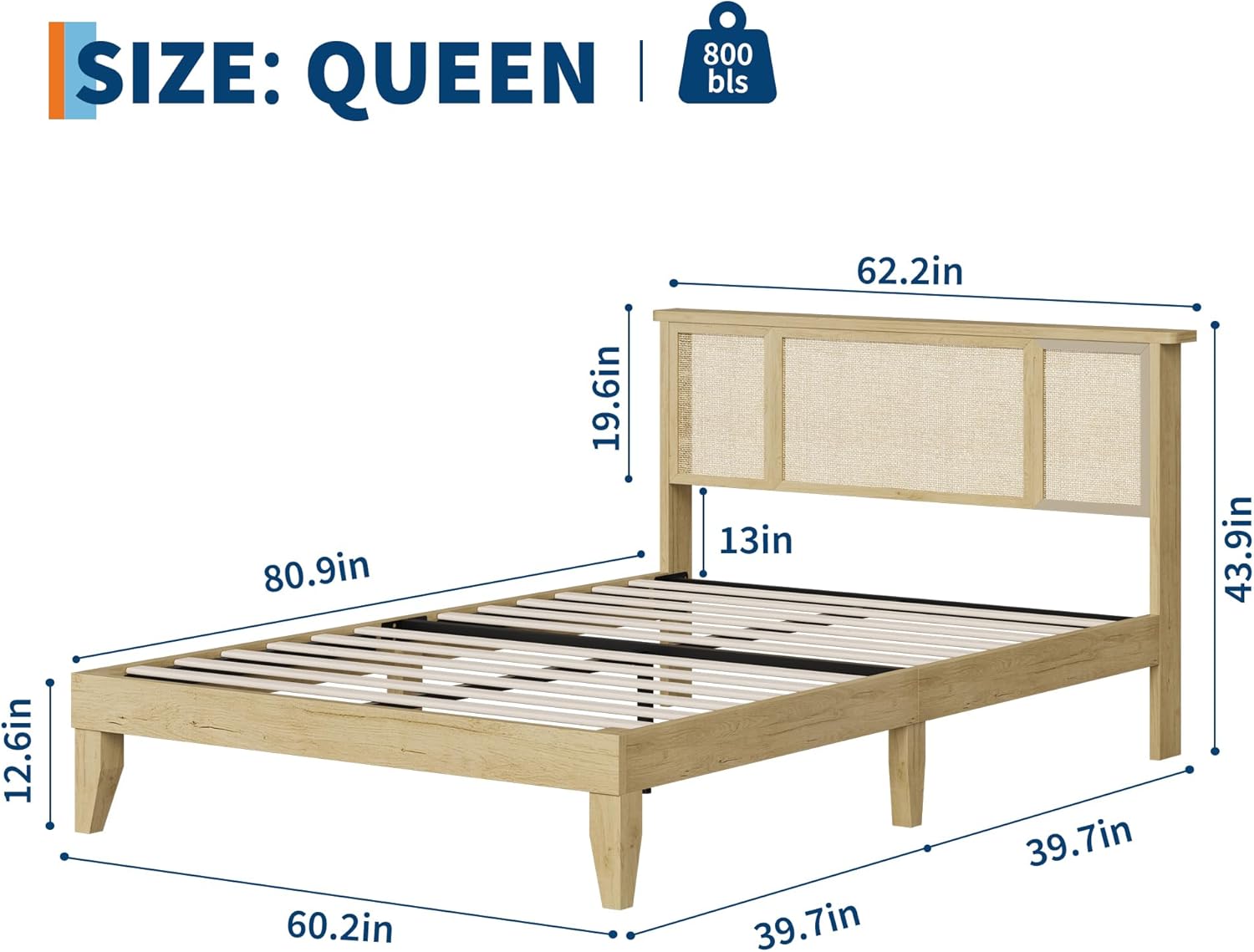 IDEALHOUSE Queen Bed Frame with Natural Rattan Headboard, Slats, Bohemian-Style Cane Mattress Support, Strong Metal Base with Resilient Wooden, No Box Spring Needed