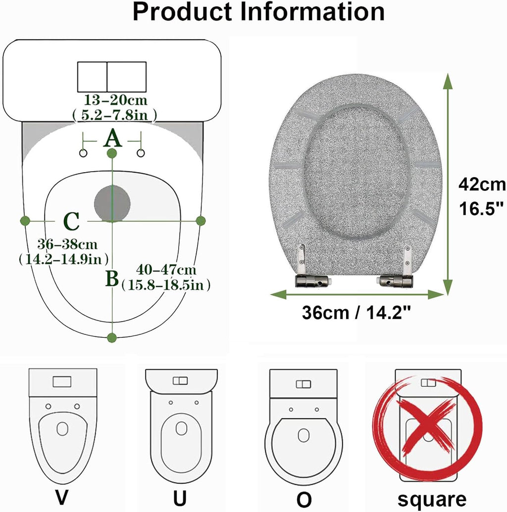 Sparkly Resin Toilet Seat, Resin Toilet Seat Round Toilet Seat, Thicken Toilet Seat, Slow Close, Toilet Lid Easy to Clean & Install (Silver)