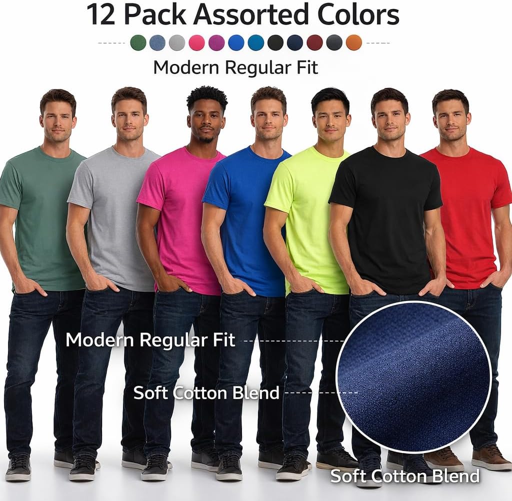 SOCKS'NBULK Men's Cotton Crew Neck Regular T-Shirts Bulk Short Sleeve Lightweight Tees Mix Colors