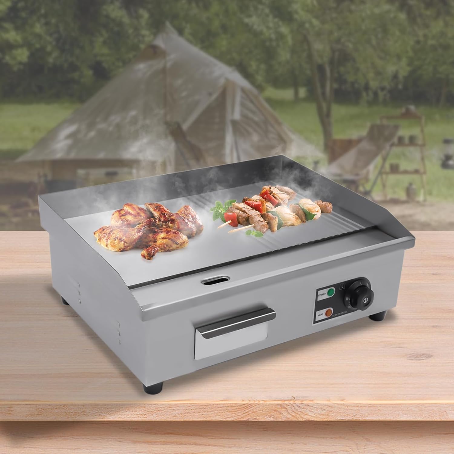 Commercial Electric Griddle 110V, 22' Stainless Steel Flat Top Grill with Dual Zone (Grooved/Flat), Adjustable Temp 122°F-572°F for Restaurant, Diner & Home Kitchen