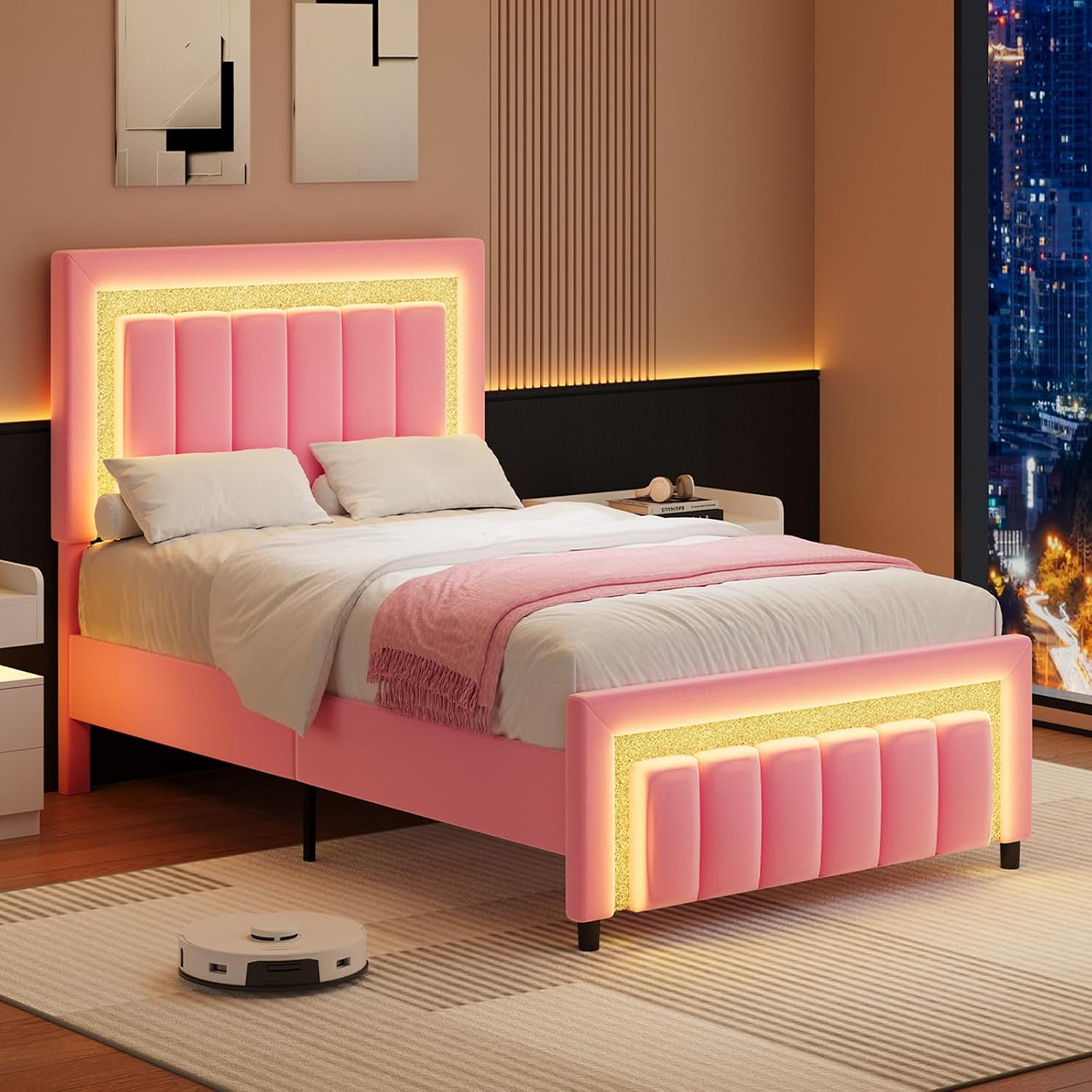 HOMBCK Twin Bed Frames for Kids, Twin Size Bed Frame with LED Lights and Velvet Upholstered Adjustable Headboard, Princess Diamond Design, Wooden Slats Support, Noise Free, No Box Spring Needed, Pink