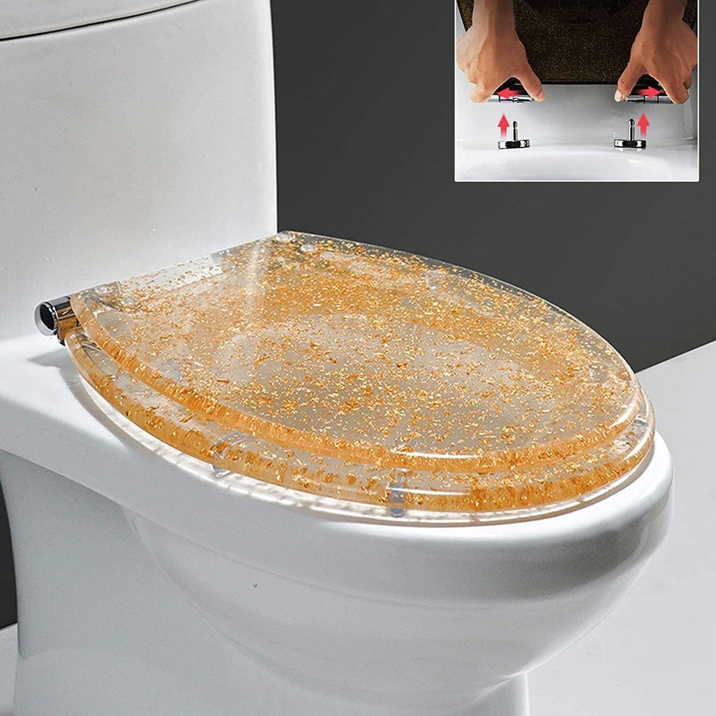 Glitter Resin Toilet Seat, Toilet Seat Cover Round, Easy Installation and Cleaning, Soft Close and Sands for U/V/O Type Toilet, 16.5 Inches,A