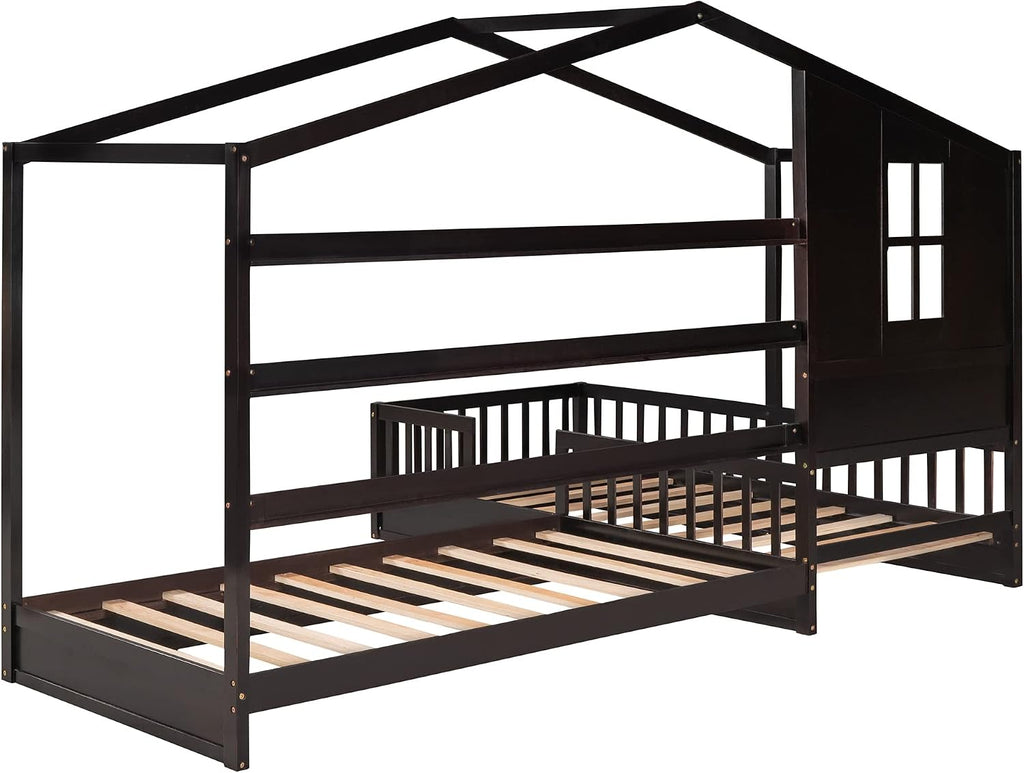 MERITLINE L Shaped Bed for 2 Kids, Twin House Bed, Wooden Double Twin Beds with Fence and Roof, Playhouse Bed, Corner Bed for Bedroom Furniture, No Box Spring Needed (Espresso)