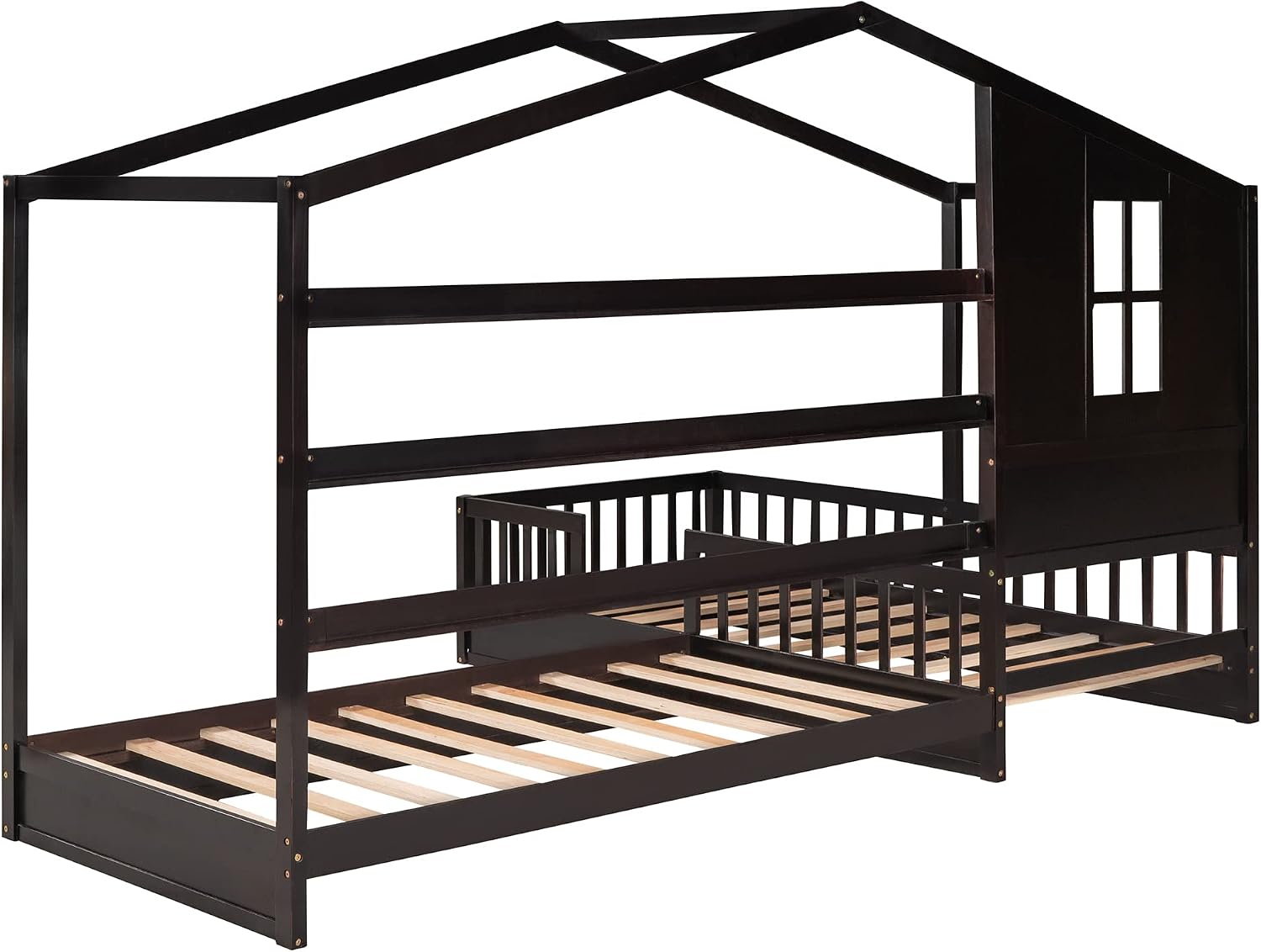MERITLINE L Shaped Bed for 2 Kids, Twin House Bed, Wooden Double Twin Beds with Fence and Roof, Playhouse Bed, Corner Bed for Bedroom Furniture, No Box Spring Needed (Espresso)