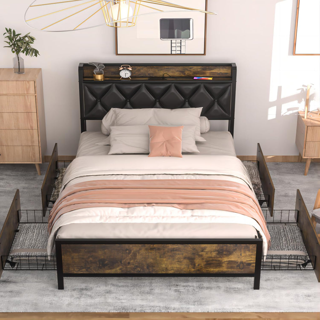 GAZHOME Full Bed Frame with 4 Storage Drawers and Charging Station, Full Size Upholstered Platform Bed Storage Headboard, No Box Spring Needed, Heavy Duty Slats, Noise Free, Easy Assembly