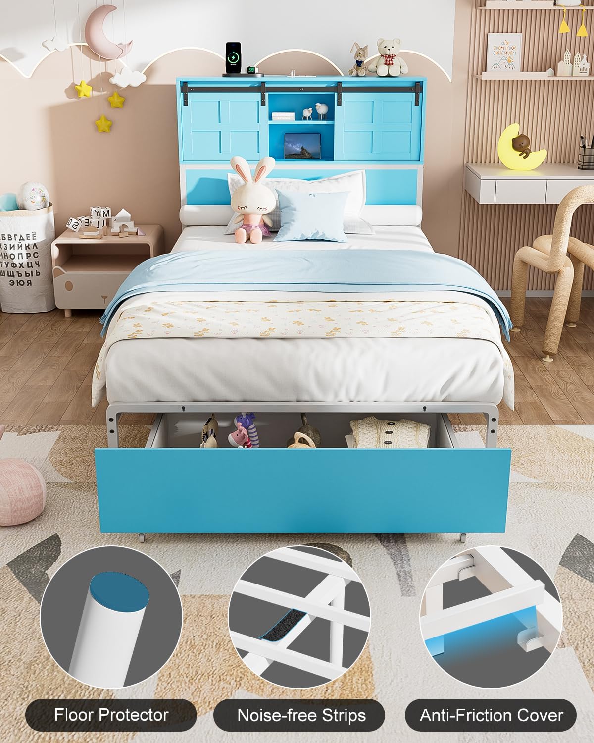 Twin Size Bed Frame, Storage Headboard with Drawers, 3-in-1 Charging Hub & Nightstand, Strong Metal Slats, No Box Spring Required (Blue White, Twin)