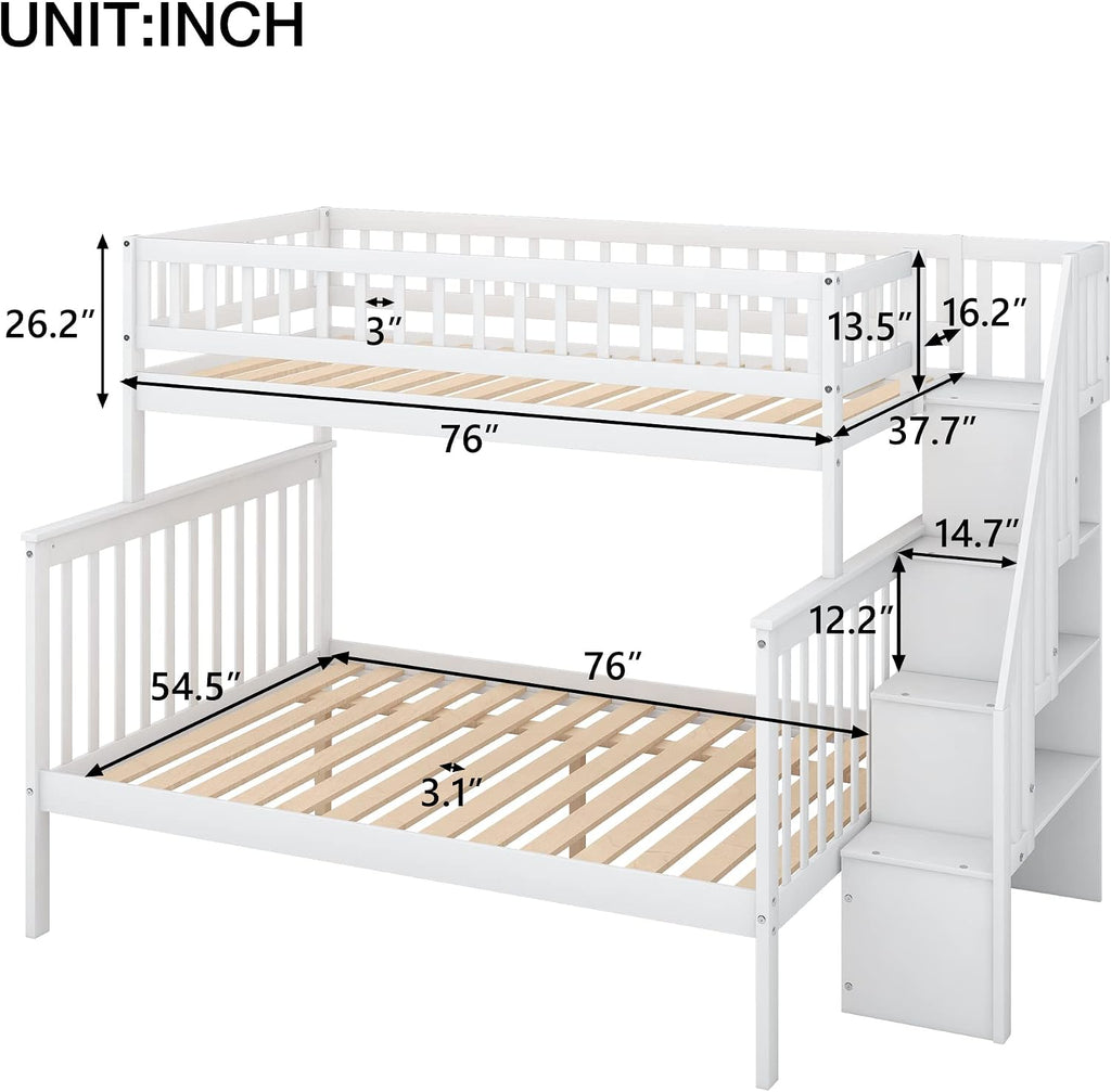 Harper & Bright Designs Twin Over Full Stairway Bunk Bed with Storage, Wood Bunk Bed Frame Can be Divided into Two Beds, White