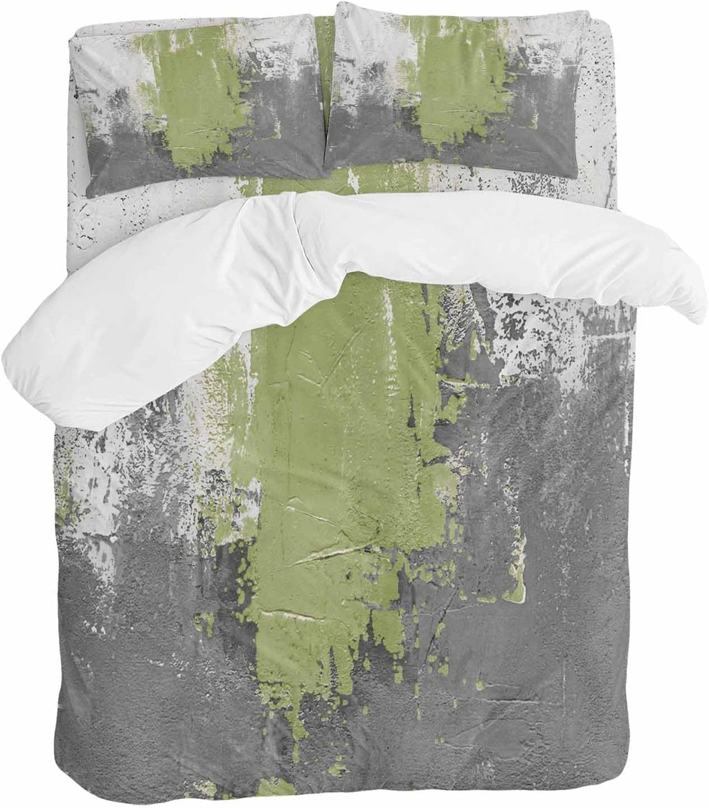 Abstract Art Duvet Cover Set Queen Size 4 Pieces Green Grey Wall Mottled Texture Minimalist Modern Bedding Set with Zipper Closure, 1 Comforter Cover 90x92 Inches 1 Flat Sheet & 2 Pillow Cases