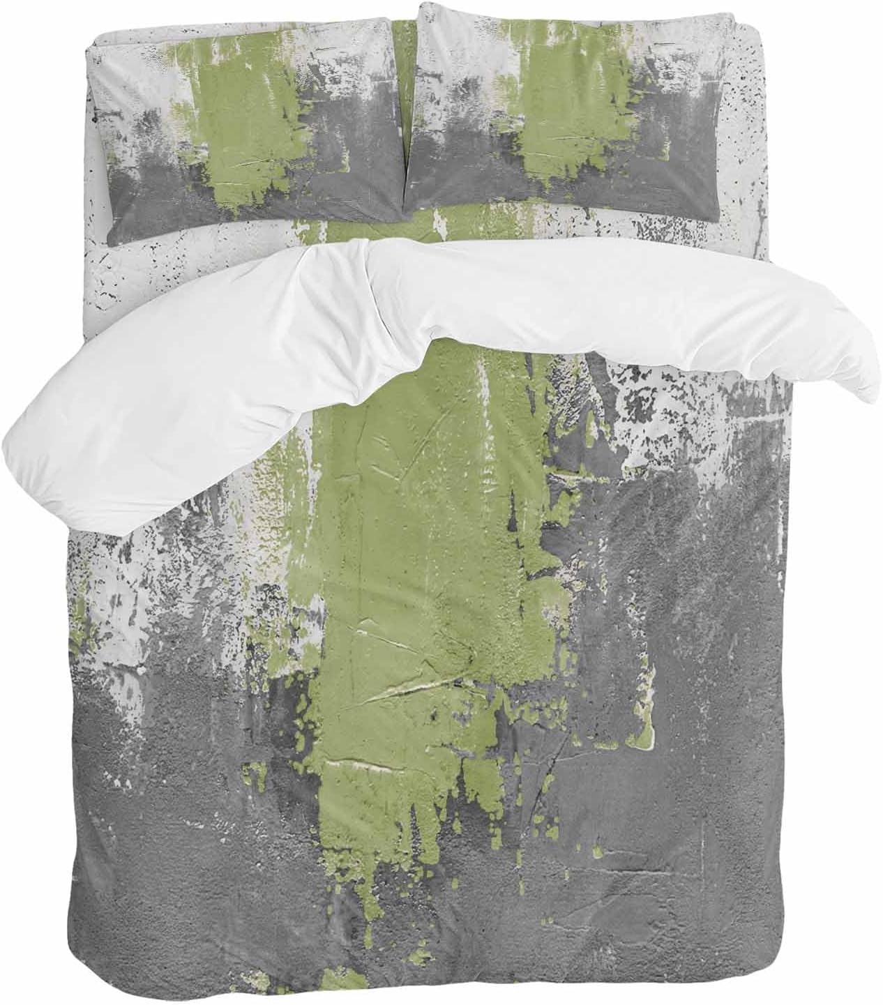 Abstract Art Duvet Cover Set Queen Size 4 Pieces Green Grey Wall Mottled Texture Minimalist Modern Bedding Set with Zipper Closure, 1 Comforter Cover 90x92 Inches 1 Flat Sheet & 2 Pillow Cases