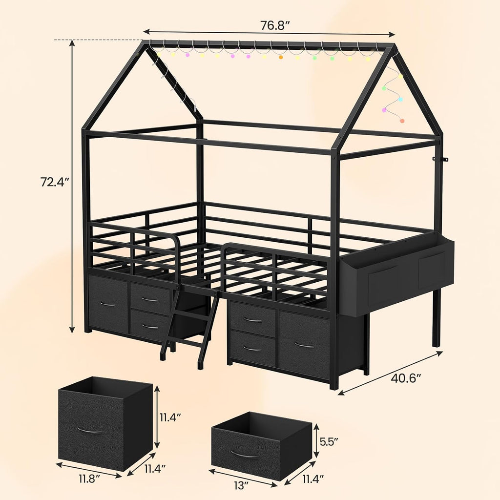ADORNEVE Twin Size Bed Frame with 6 Drawers,House Bed with Globe String Lights Plug in,Metal Kids Bed with Safety Guardrail & Inclined Ladder,No Box Sping Needed,Black