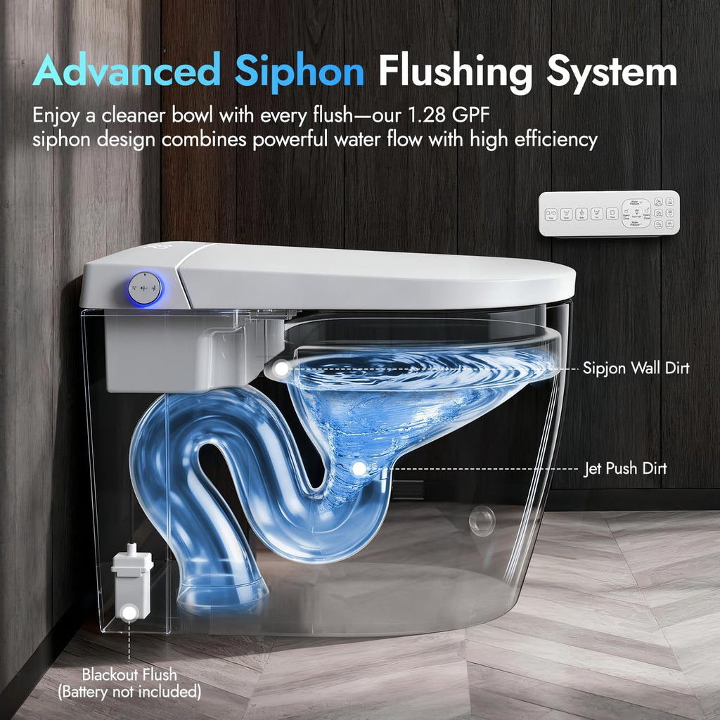 Smart Compact Toilet for Small Bathroom, 23' Depth Toilet with Auto Open/Close Lid & Foot Sensor Flush, Heated Seat, Warm Water Wash & Dryer, Tankless One Piece Toilet with 1.28GPF