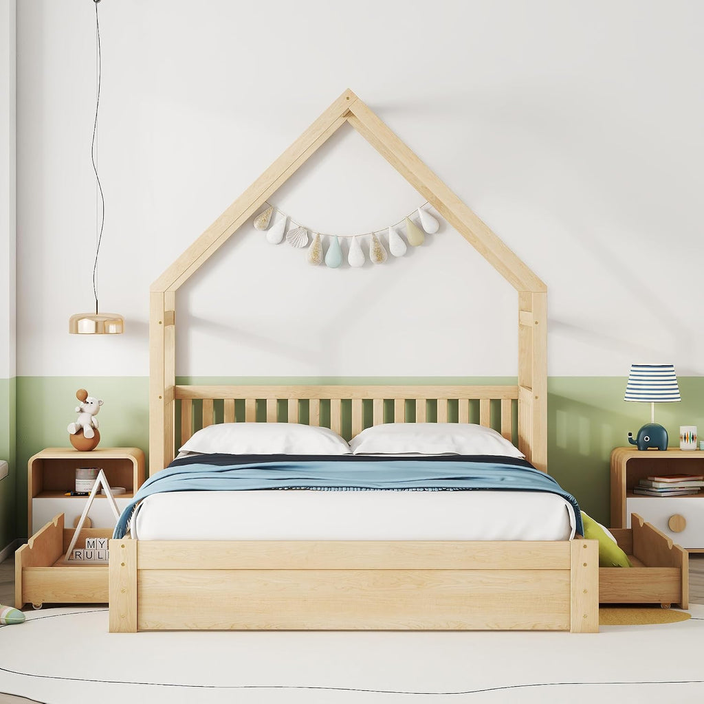 VilroCaz Wood Queen Size House Platform Bed with Safety Fence, Montessori Platform Bed with House Shape Headboard and 2 Drawers for Kids Boys Girls, Sturdy Slats Support (Natural-Q)