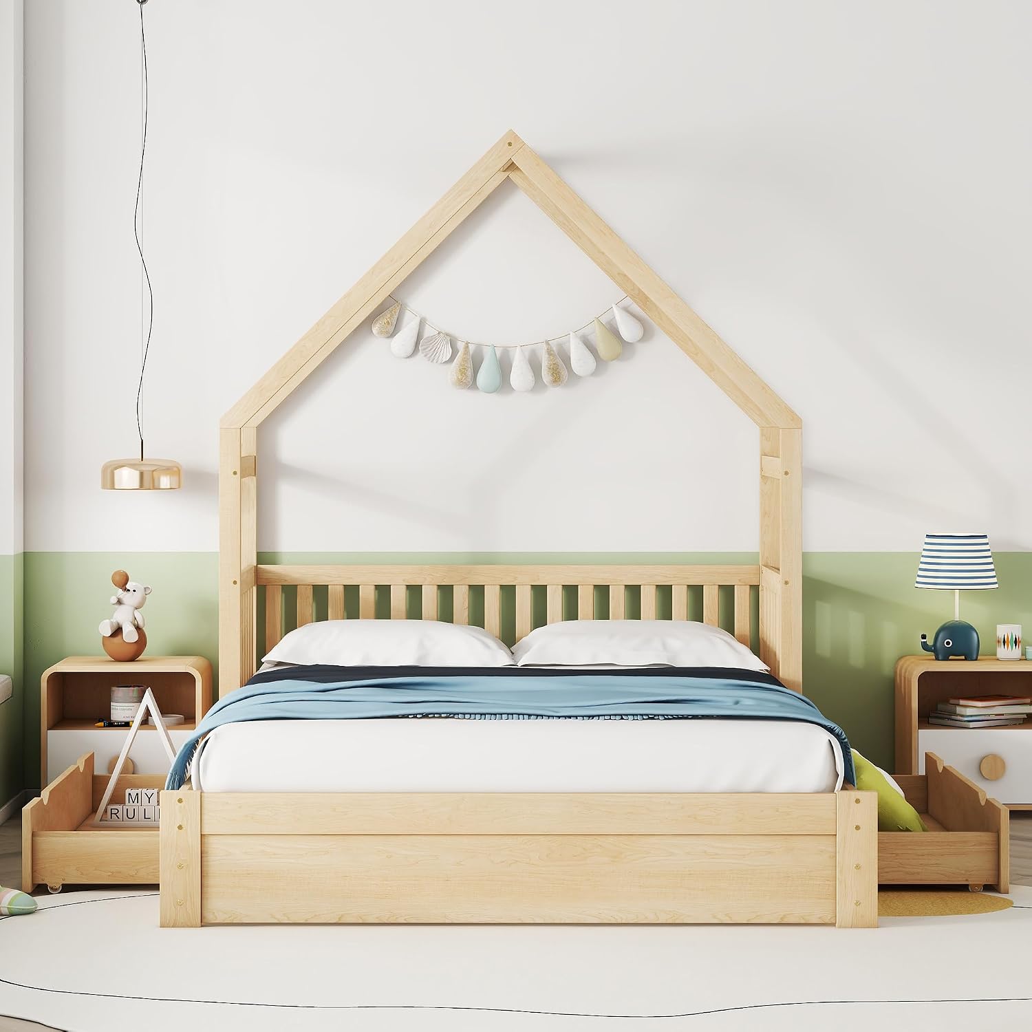 VilroCaz Wood Queen Size House Platform Bed with Safety Fence, Montessori Platform Bed with House Shape Headboard and 2 Drawers for Kids Boys Girls, Sturdy Slats Support (Natural-Q)