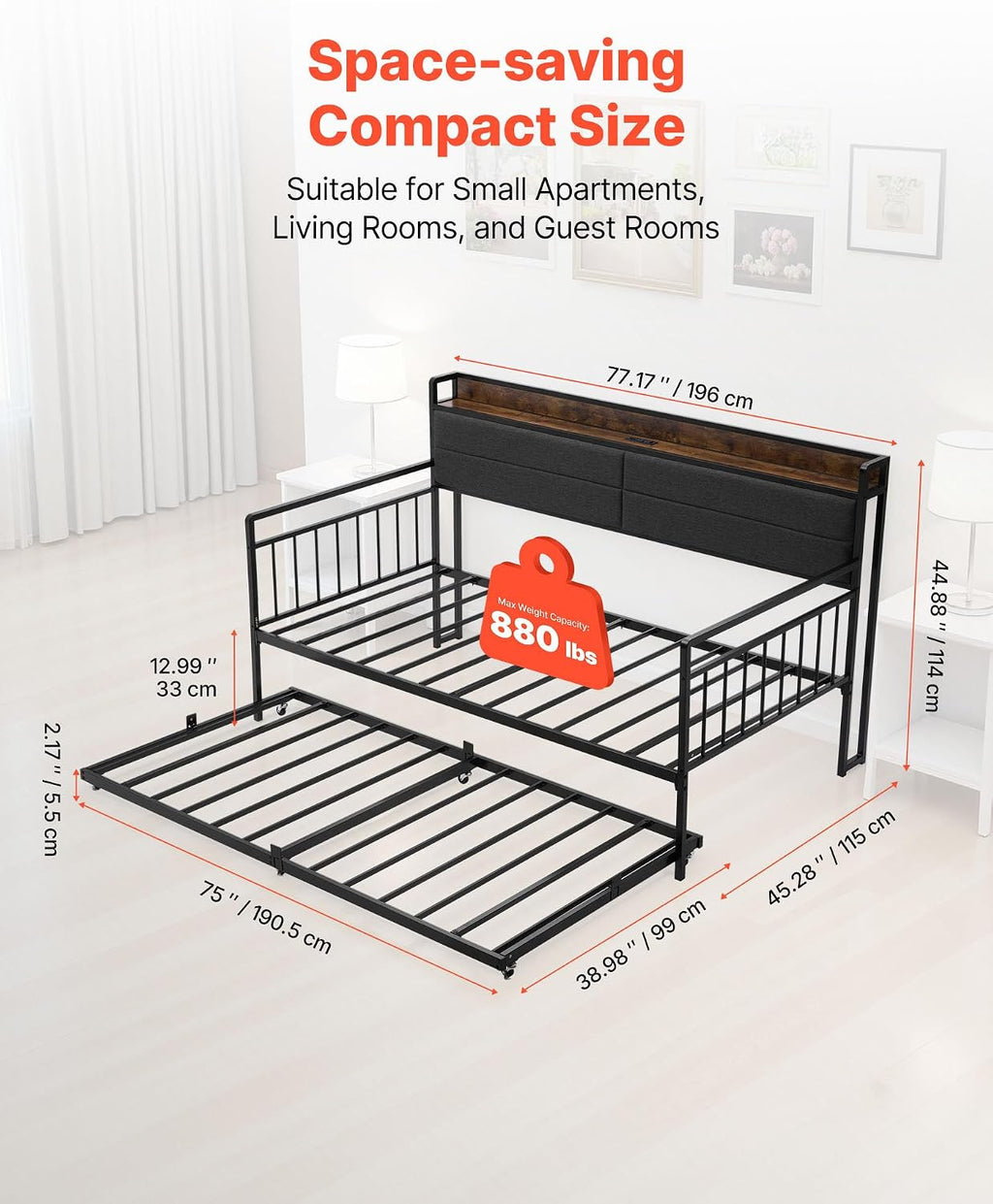 VEVOR Twin Size Daybed Frame, Day Bed with Trundle, Heavy Duty Metal Platform Bed Frame with Charging Station, Twin Daybed with Metal Slats Support for Living Room, Bedroom, Guest Room, Easy Assembly