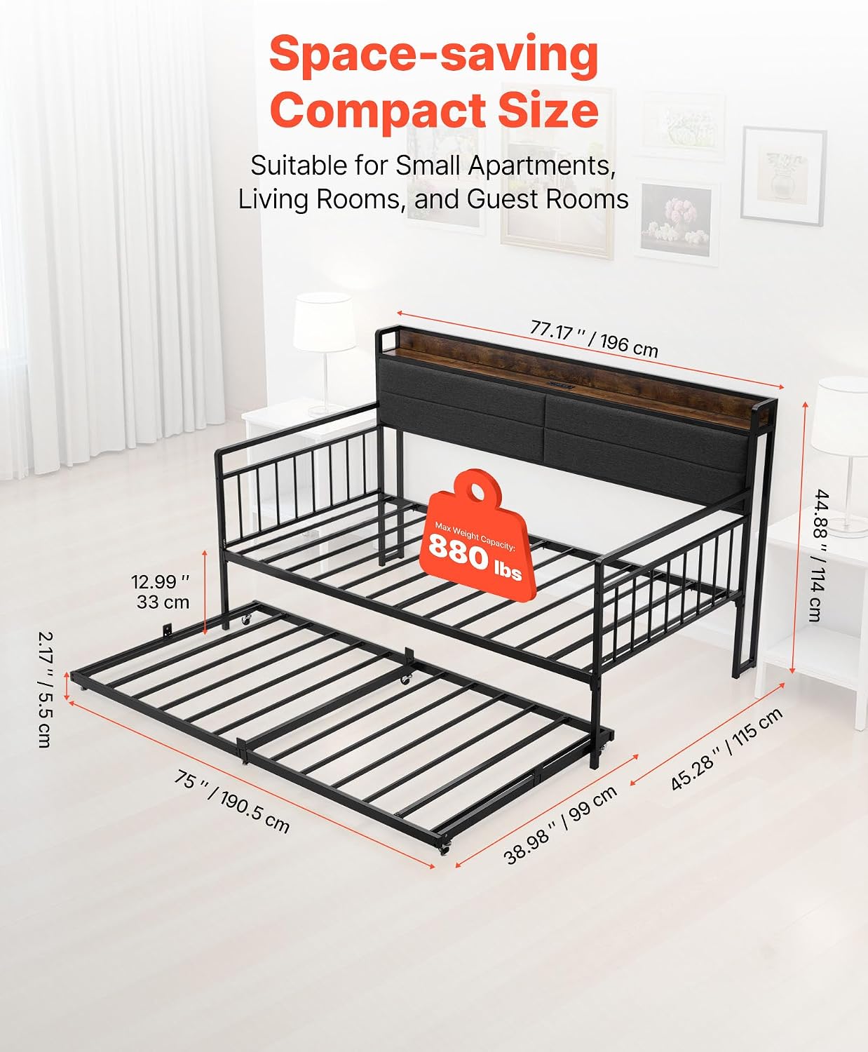 VEVOR Twin Size Daybed Frame, Day Bed with Trundle, Heavy Duty Metal Platform Bed Frame with Charging Station, Twin Daybed with Metal Slats Support for Living Room, Bedroom, Guest Room, Easy Assembly