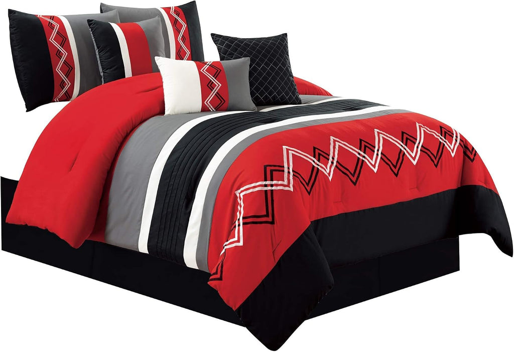 Chezmoi Collection Arden 7-Piece Modern Pleated Stripe Embroidered Zigzag Bedding Comforter Set (Oversized King, Red/Black/Gray/Off-White)