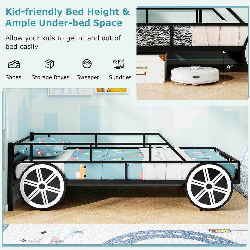 Costzon Twin Bed Frames for Kids, Car-Shaped Metal Bed with Wheels Decorations, Safety Guardrails, No Box Spring Needed, Fits Standard Twin Mattress (Mattress Not Included), Twin Bed for Boys Girls