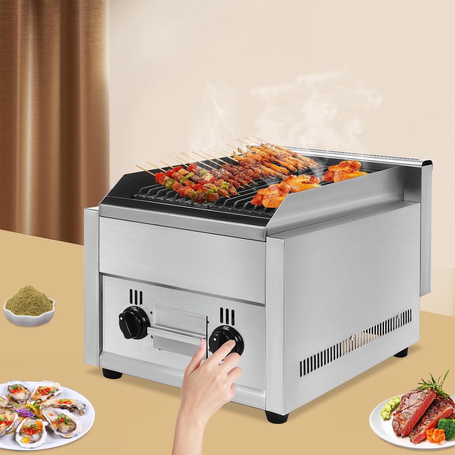 21' Commercial Countertop Gas Grill with Removable Grill Plate, 60TU/hr 2 Burner Propane Flattop BBQ Stove Natural/Propane Gas Radiant Char Broiler Grills with Adjustable Temperature