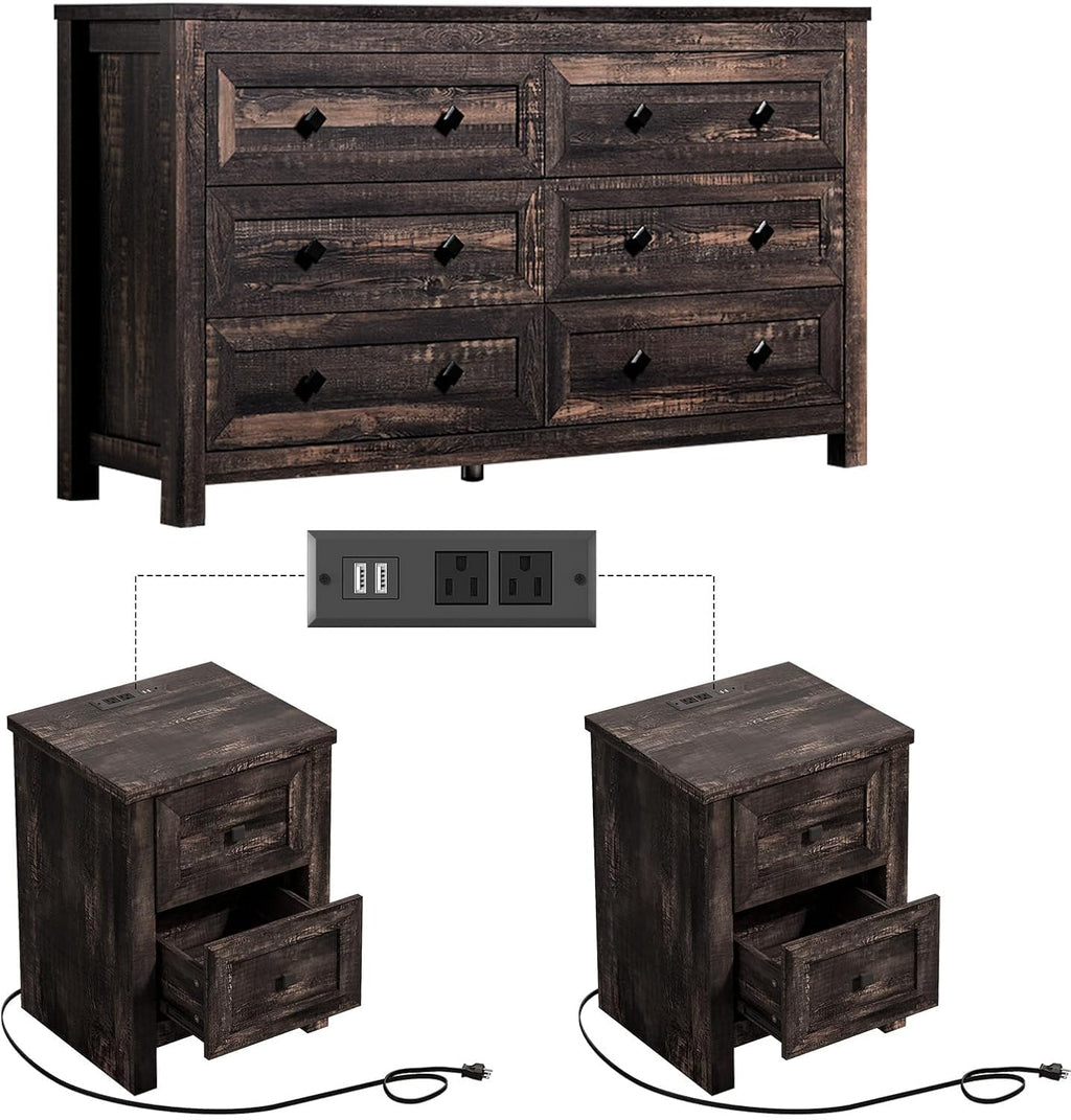 LUXOAK Bedroom Dresser and Nightstand 3 Piece Set, 1 X Rustic Wood 6 Drawer Dresser, 2 X Farmhouse Nightstand with Charging Station, Farmhouse Bedroom Furniture Set, Dark Oak