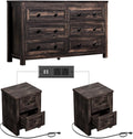 LUXOAK Bedroom Dresser and Nightstand 3 Piece Set, 1 X Rustic Wood 6 Drawer Dresser, 2 X Farmhouse Nightstand with Charging Station, Farmhouse Bedroom Furniture Set, Dark Oak