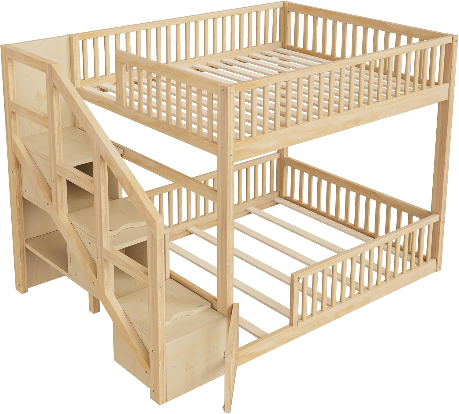 Full Over Full Floor Bunk Bed with Storage Ladder and Guardrails,for Kids Teens Adults (Natural#FF, Full Over Full)
