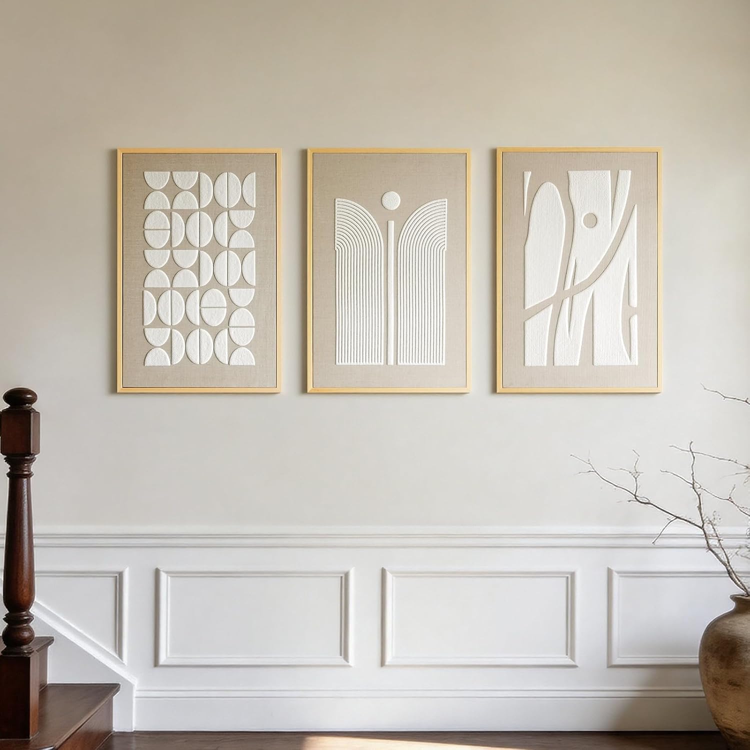 Thalasse 3D Textured Abstract Wall Art for Bedroom, 3 Piece Modern Minimalist Geometric Arch Canvas Artwork, Beige White Linen Pictures with Solid Wood Frame for Office Living Room Decor, 16x24 In