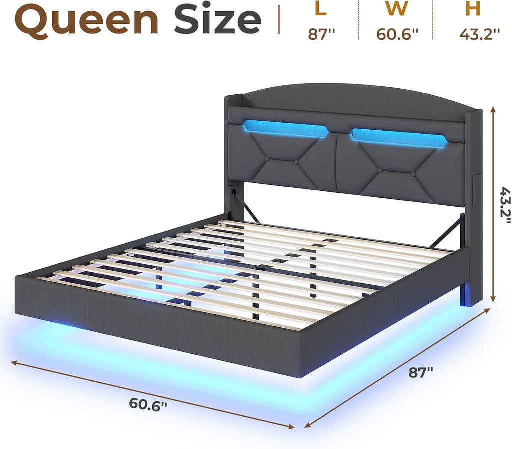ADORNEVE Queen Floating Bed Frame with USB-C/A Charging Station, LED Bed Frame with Storage Headboard, Upholstered Platform Queen Bed with Shelves, Hidden Storage, Stable Structure,Dark Grey