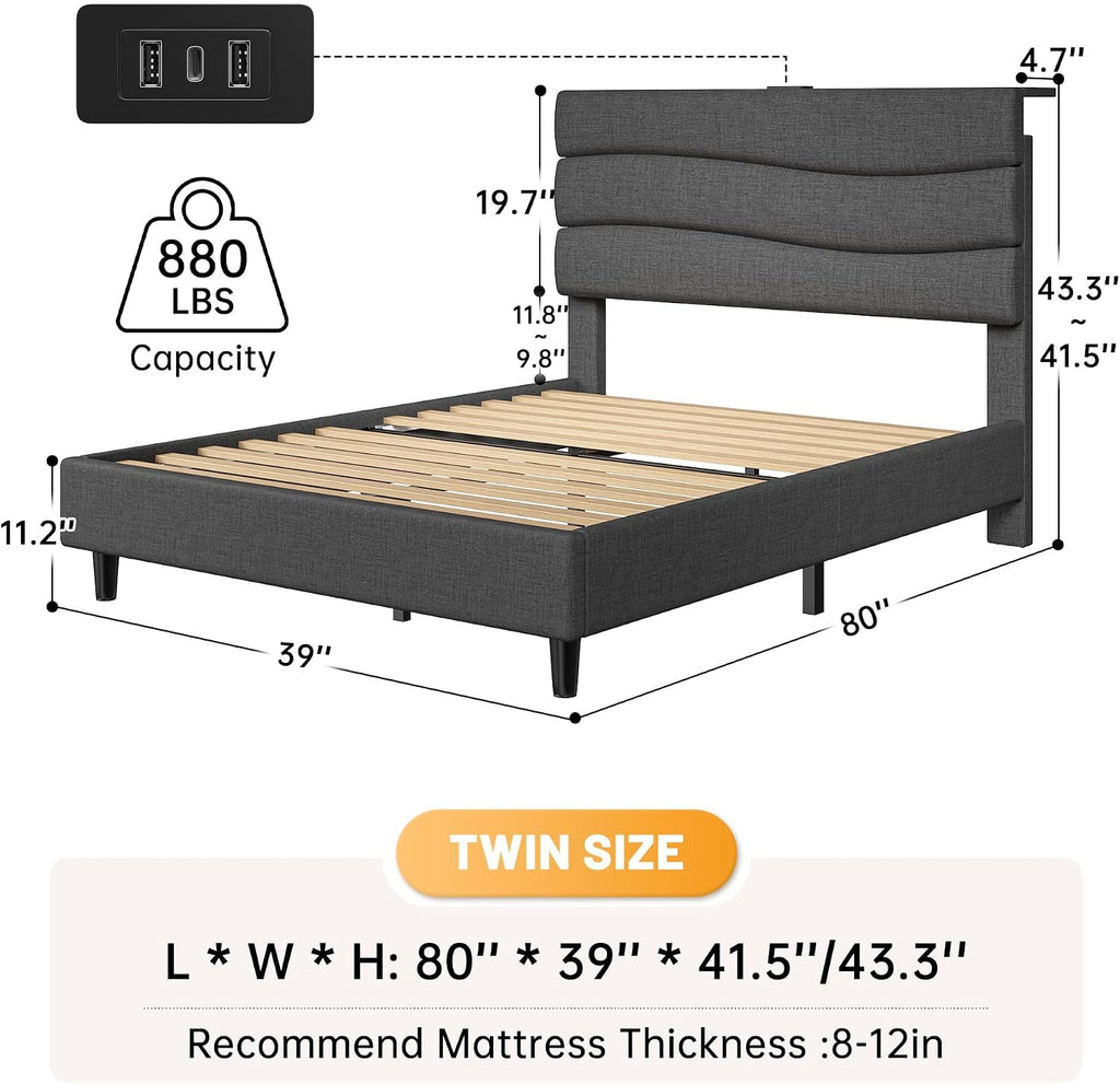 EnHomee Twin Size Bed Frame with Adjustable Height Upholstered Headboard, 3 USB Charging Ports, Noise-Free Platform Bed, No Box Spring Needed, Grey