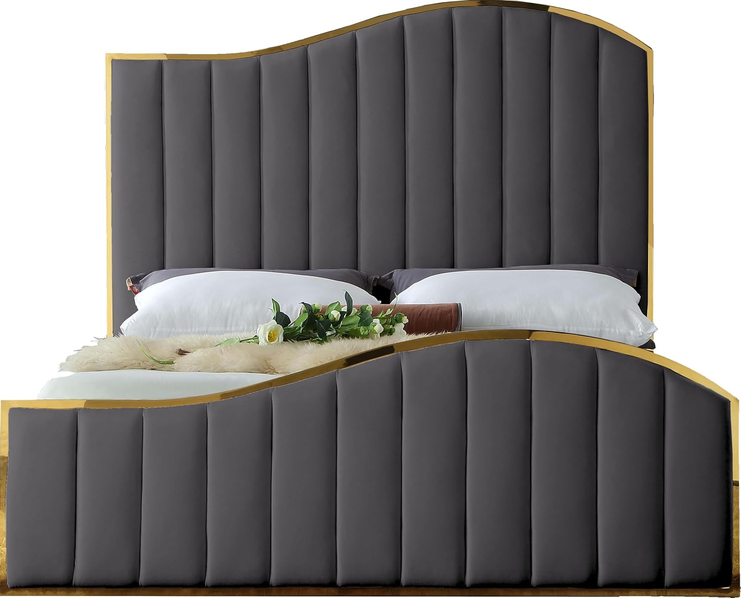 Meridian Furniture Jolie Collection Modern | Contemporary Velvet Upholstered Bed With Channel Tufting, And Polished Gold Metal Frame, Grey, Queen