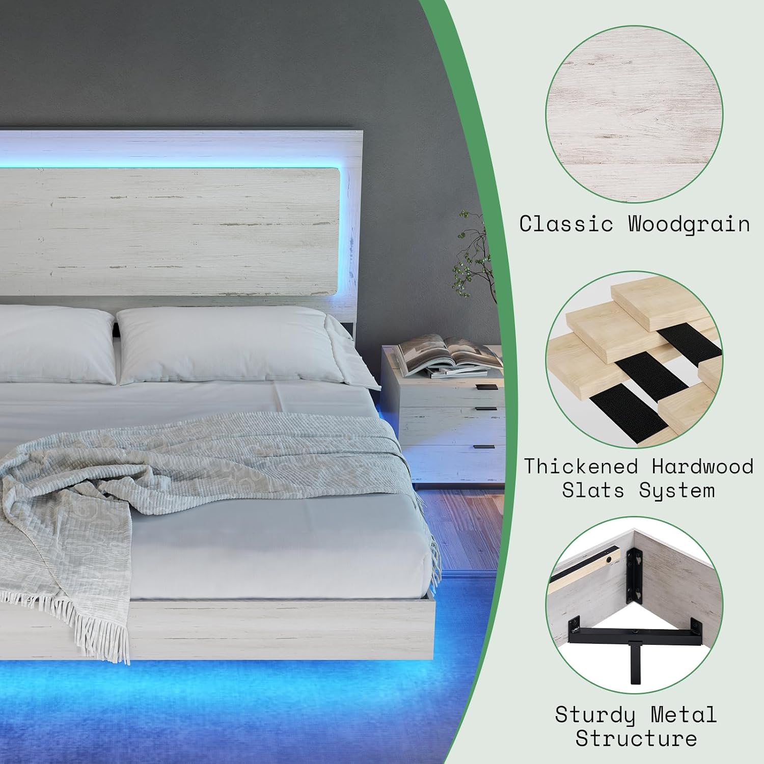 AMERLIFE Full Bed Frame, Farmhouse Floating Bed Frame with Recline Headboard, Platform Bed with LED Light, No Box Spring Needed/Noise Free, Distressed White