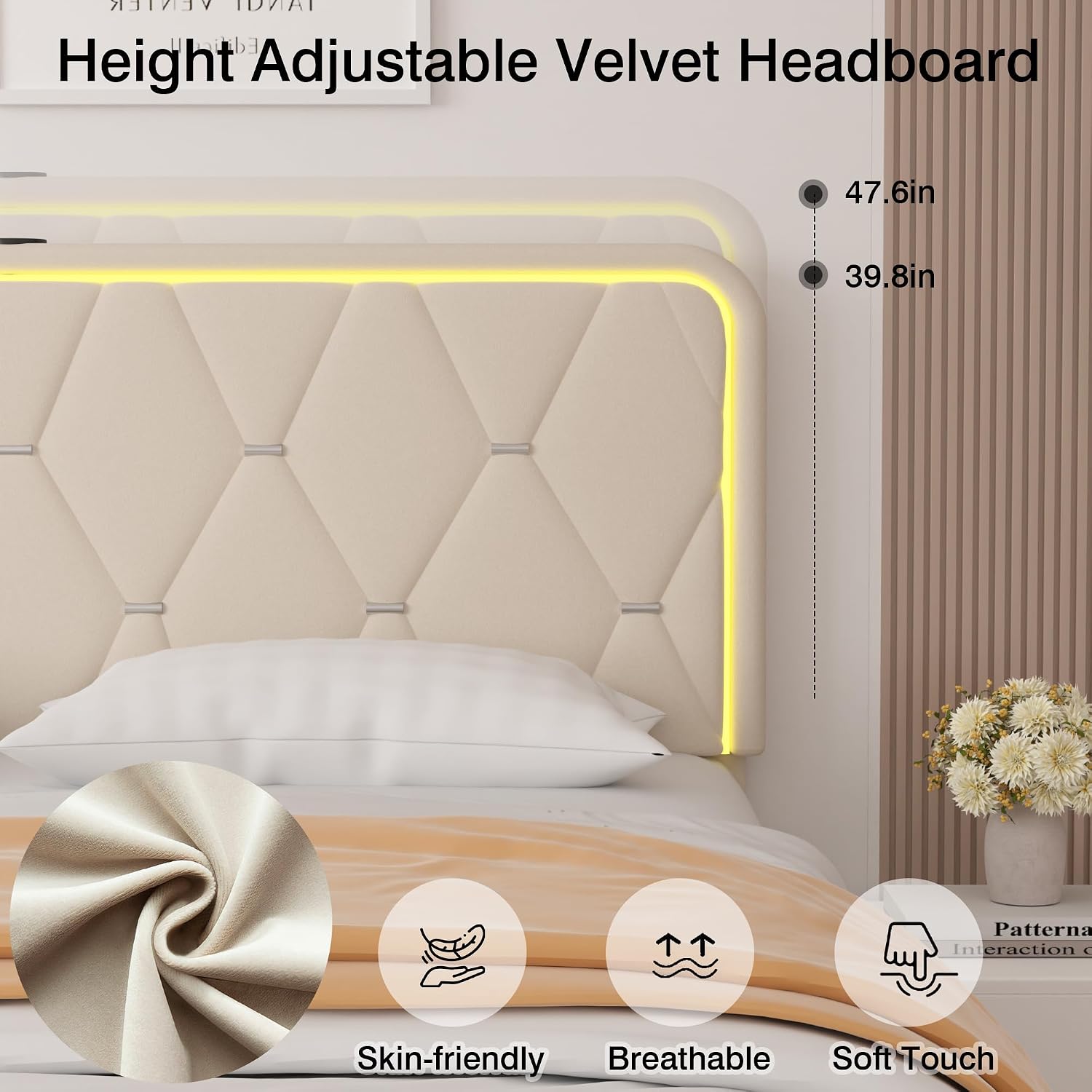VECELO Upholstered Twin Bed Frame with Headboard Adjustable, Velvet Platform Bed with LED Lights, Charging Station, Mattress Foundation with Wooden Slats, Noise Free, No Box Spring Needed, Cream