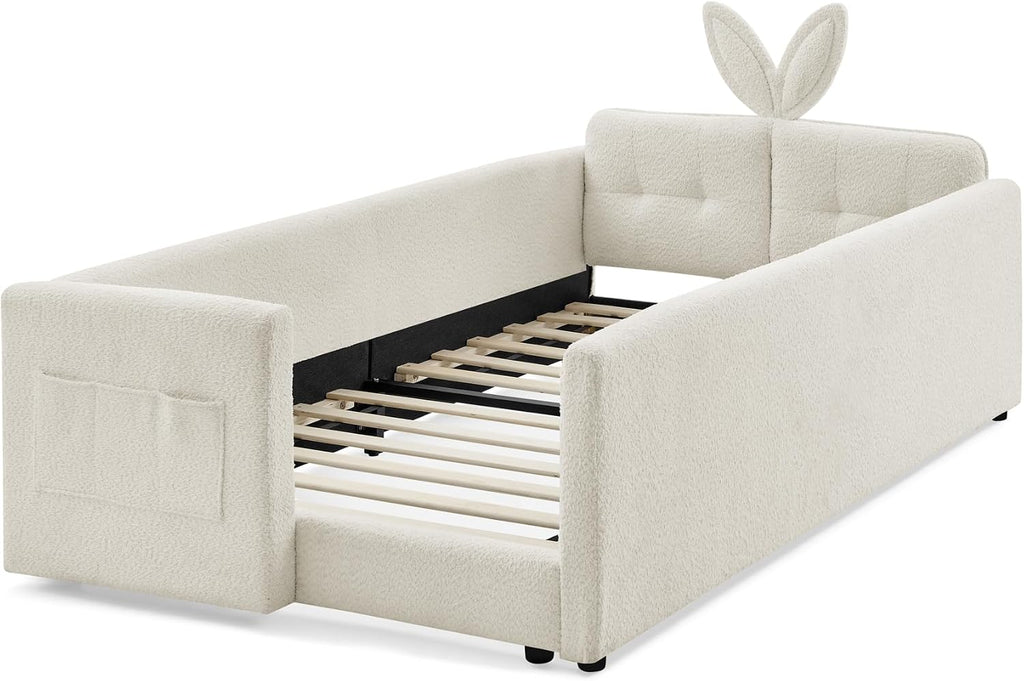 VilroCaz Twin Size Upholstered Platform Bed with Safety Guardrail and Cute Rabbit Ear Shaped Headboard, Boucle Fabric Montessori Kids Bed with Pocket and Sturdy Slats Support (Beige-7.24)