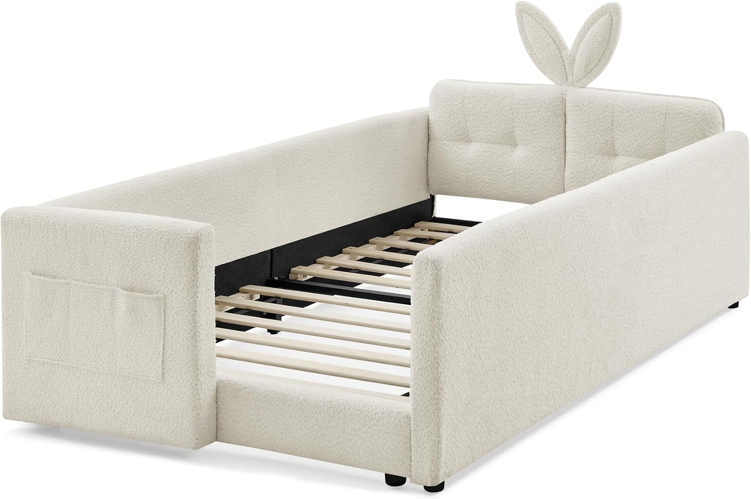 VilroCaz Twin Size Upholstered Platform Bed with Safety Guardrail and Cute Rabbit Ear Shaped Headboard, Boucle Fabric Montessori Kids Bed with Pocket and Sturdy Slats Support (Beige-7.24)